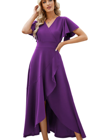 Long Black Formal Dresses for Women Gowns Evening Party Cocktail Dress,Split Elegant V Neck Wrap Ruffle Wedding Guest Dresses