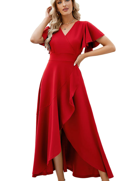 Long Black Formal Dresses for Women Gowns Evening Party Cocktail Dress,Split Elegant V Neck Wrap Ruffle Wedding Guest Dresses