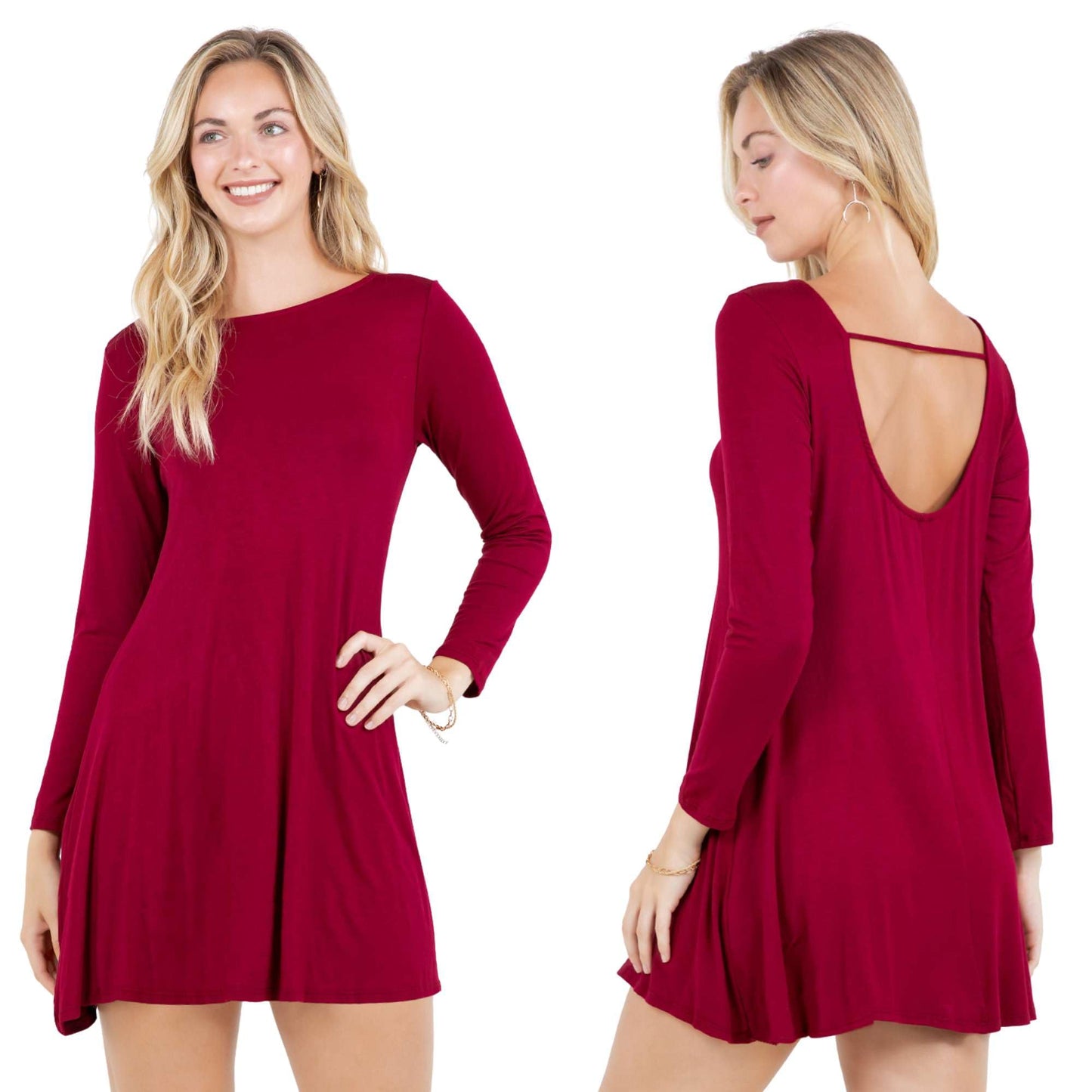 Azules Women's Long Sleeve Tunic Dress Casual Boat Neck Swing Dress with Scoop Back