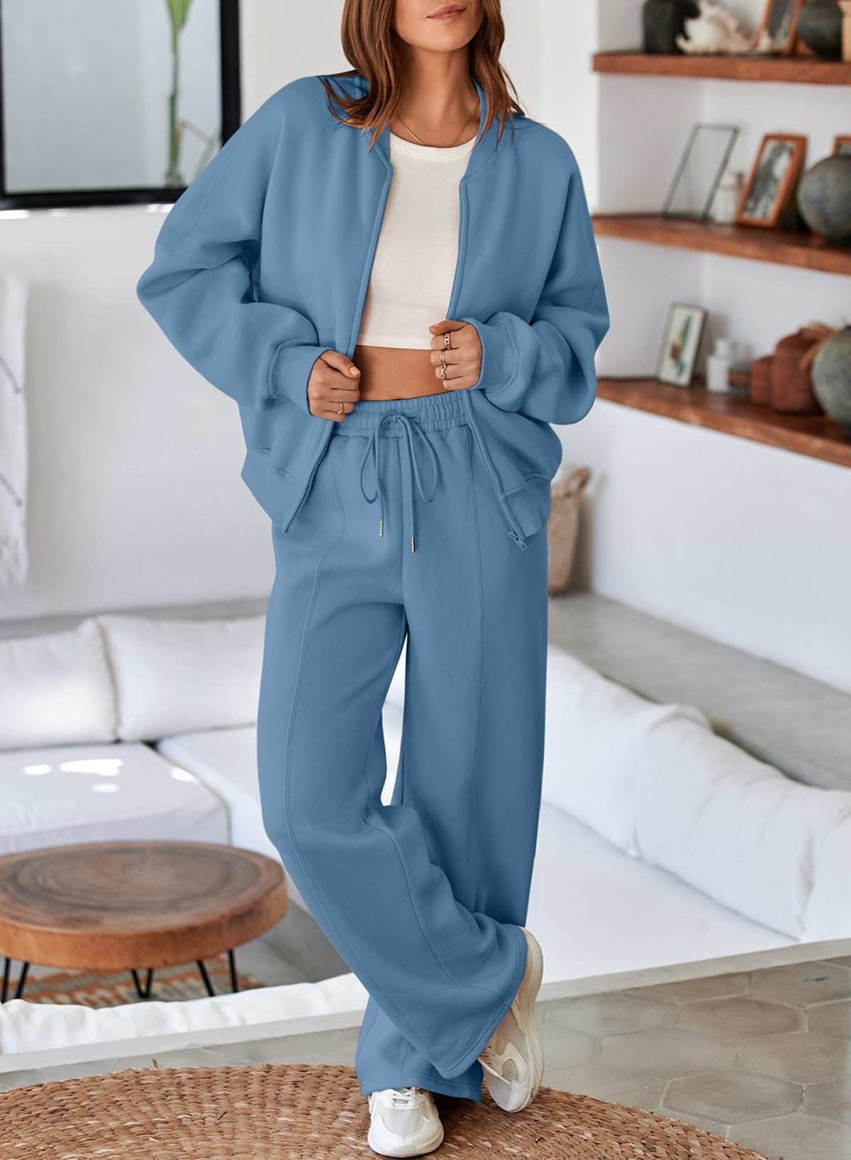 Aleumdr Women's 2 Piece Outfits Oversized Fleece Sweatsuit Zip Up Long Sleeve Sweatshirt with Wide Leg Sweatpants