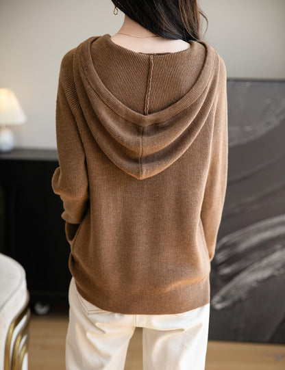 Women's Merino Wool Blend Hoodies 2025 Fall Winter Crewneck Sweatshirt Long Sleeve Knitted Sweater with Drawstring