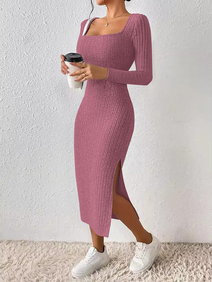 ETCYY NEW Womens Fall Dresses Square Neck Knitted Elastic Basic Winter Bodycon Versatile Slit Dress