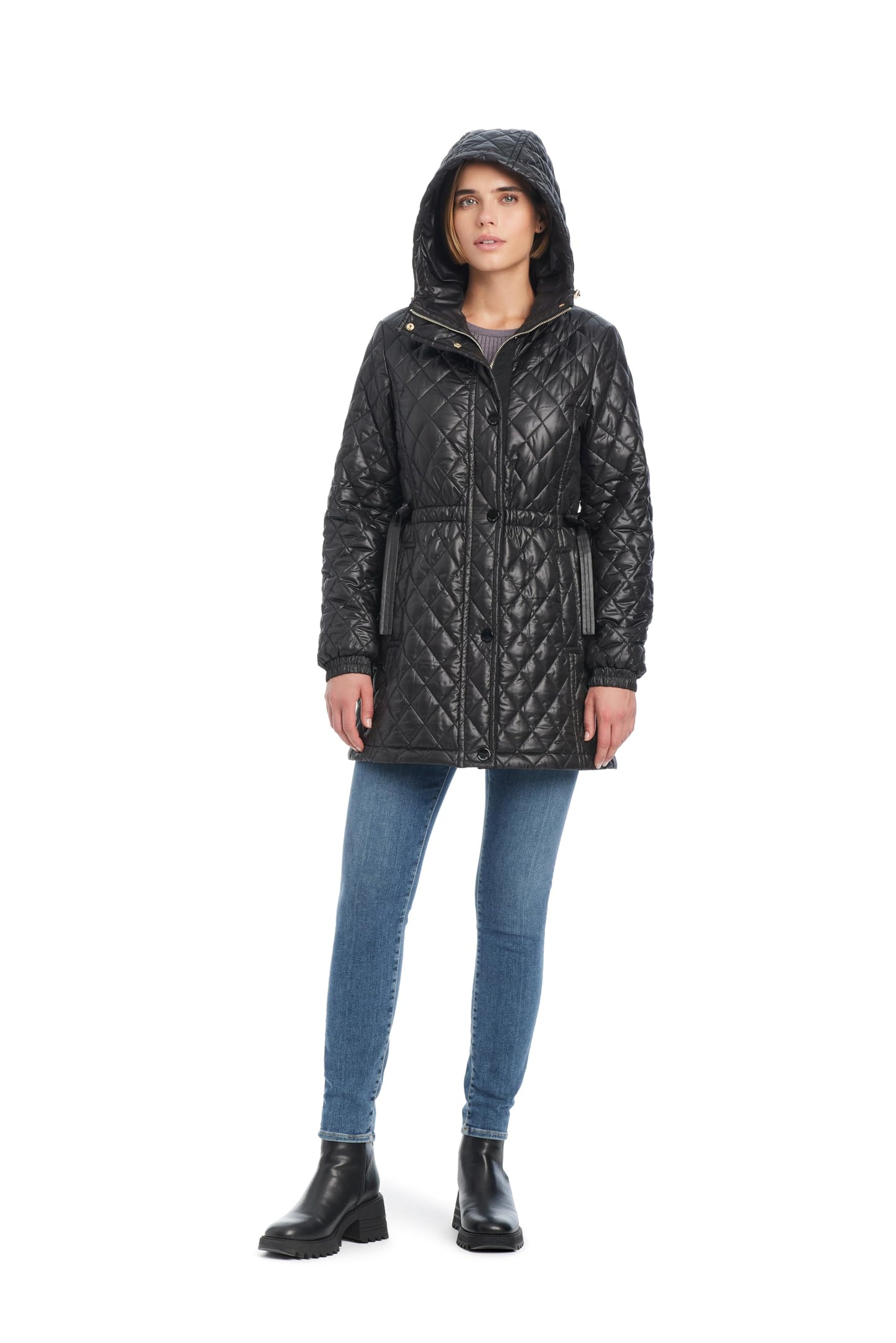 kate spade new york Women's Water Resistant Quilted Hooded Jacket with Adjustable Waist