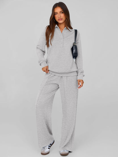 PRETTYGARDEN Women Fall 2 Piece Outfits Sweatsuits Quarter Button Long Sleeve Sweatshirt Wide Leg Pants Tracksuit Lounge Sets
