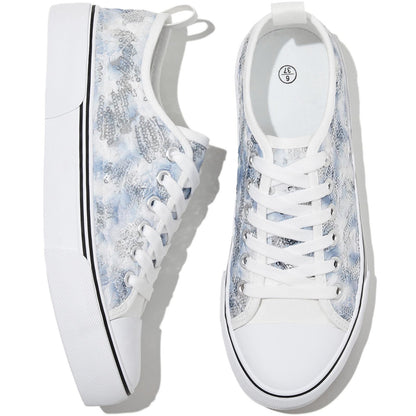 kufeiti Women's White Tennis Shoes Embroidered Sequins Low Top Canvas Shoes Comfortable Casual Fashion Sneakers