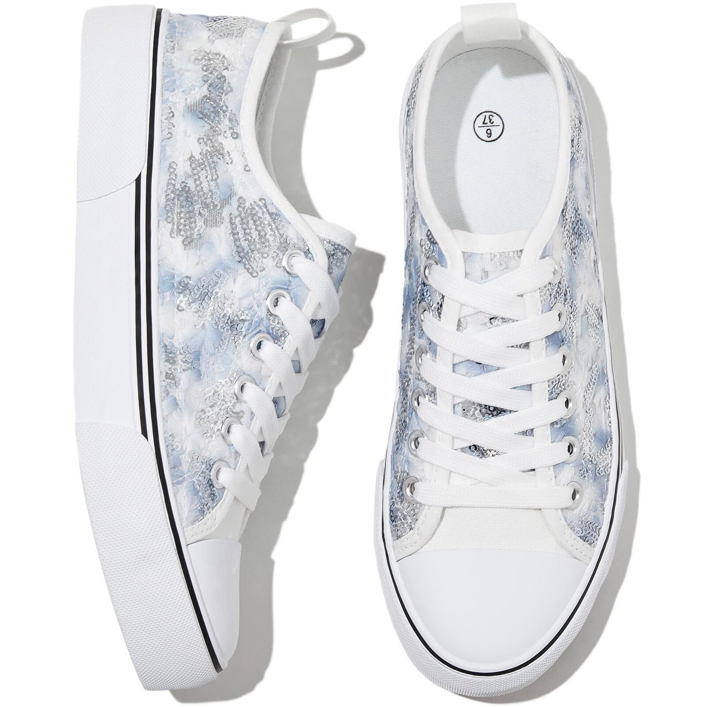 kufeiti Women's White Tennis Shoes Embroidered Sequins Low Top Canvas Shoes Comfortable Casual Fashion Sneakers