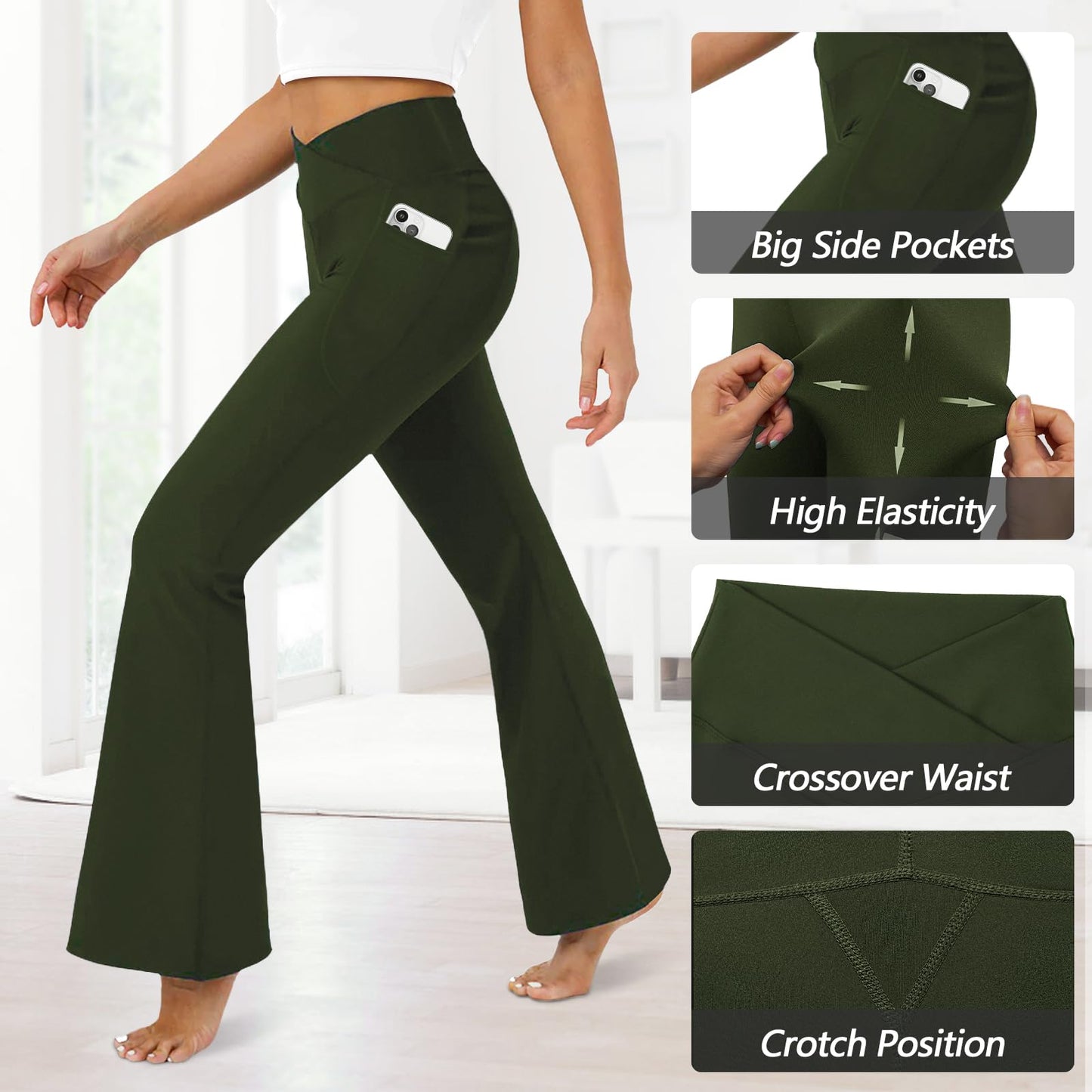 Women's Flare Leggings with Pockets-Crossover High Waisted Bootcut Yoga Pants-Tummy Control Bell Bottom Leggings