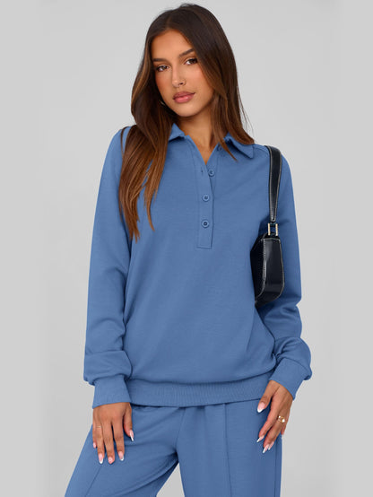PRETTYGARDEN Women Fall 2 Piece Outfits Sweatsuits Quarter Button Long Sleeve Sweatshirt Wide Leg Pants Tracksuit Lounge Sets