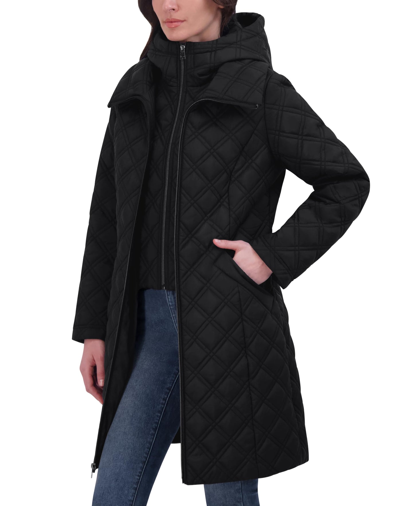 TAHARI Women's Quilted Jacket – Silky Taffeta, Water-Resistant, Attached Hooded Bib, Zip-Out Front, Fully Lined
