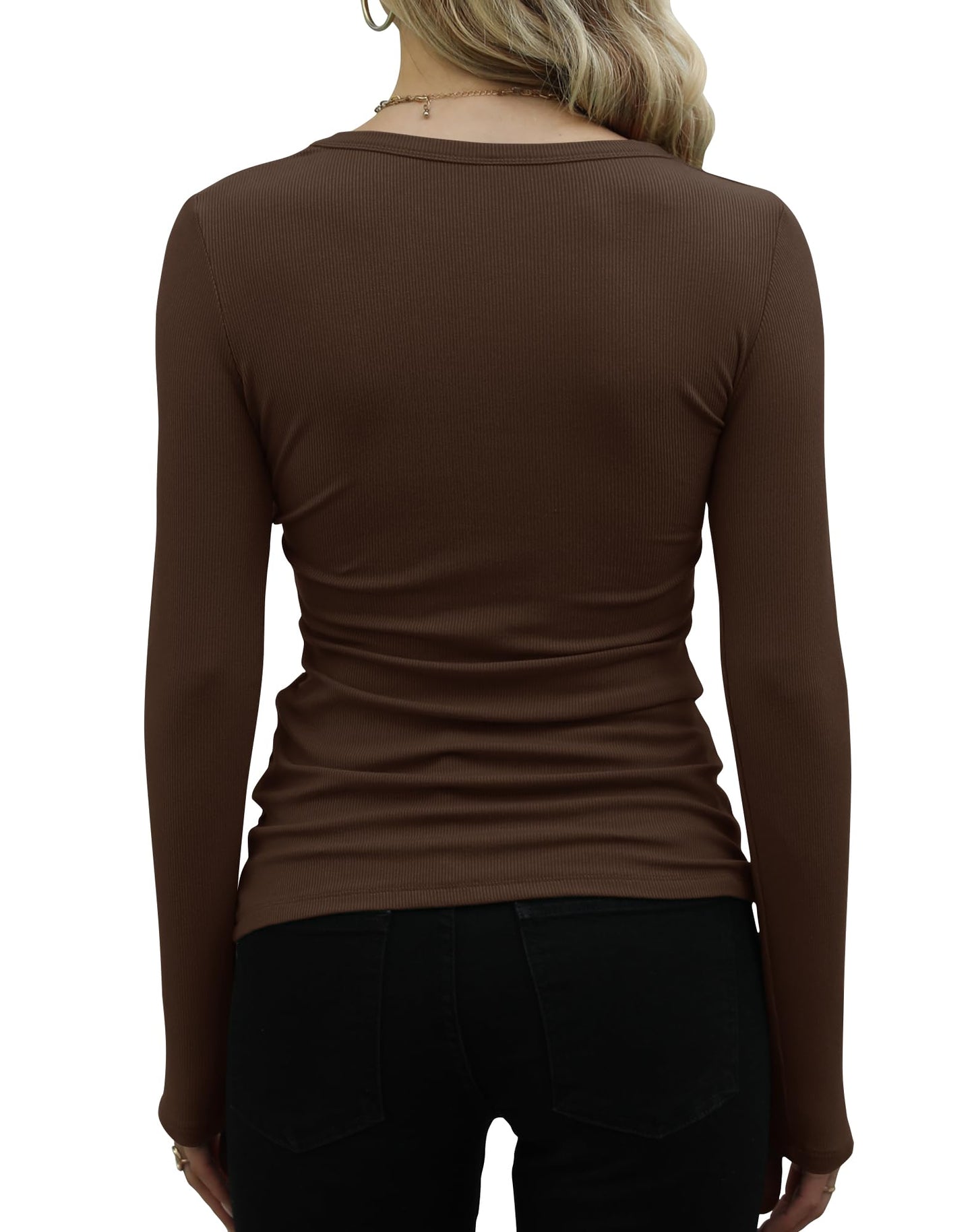 GEMBERA Womens Ribbed Long Sleeve Crewneck Casual Slim Basic Shirts Fitted Knit Tops