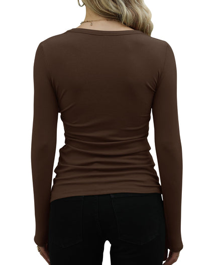 GEMBERA Womens Ribbed Long Sleeve Crewneck Casual Slim Basic Shirts Fitted Knit Tops