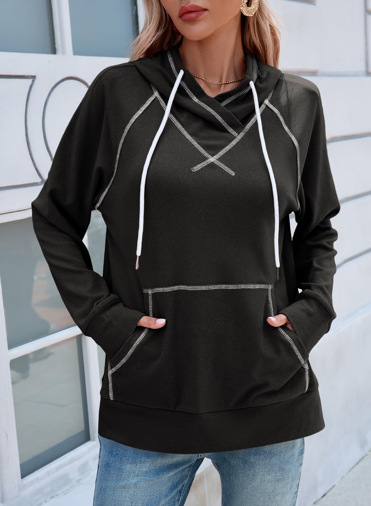 SHEWIN Womens Hoodies Drawstring Hooded Sweatshirt Pullover Long Sleeve Tops Womens Fall Fashion 2025