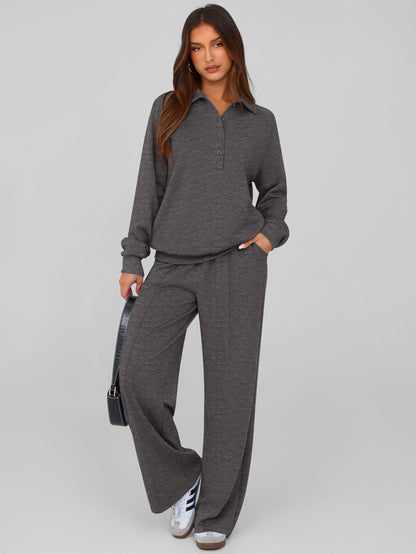 PRETTYGARDEN Women Fall 2 Piece Outfits Sweatsuits Quarter Button Long Sleeve Sweatshirt Wide Leg Pants Tracksuit Lounge Sets
