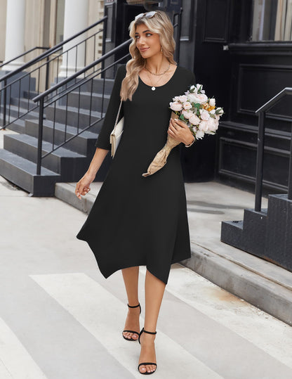 Zeagoo Midi Women 3/4 Sleeve Dress Casual Dresses with Pockets 2025 Fall A Line Dress Elegant Formal Modest Dresses
