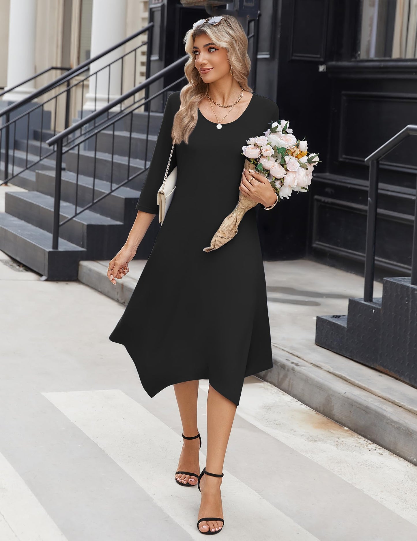 Zeagoo Midi Women 3/4 Sleeve Dress Casual Dresses with Pockets 2025 Fall A Line Dress Elegant Formal Modest Dresses