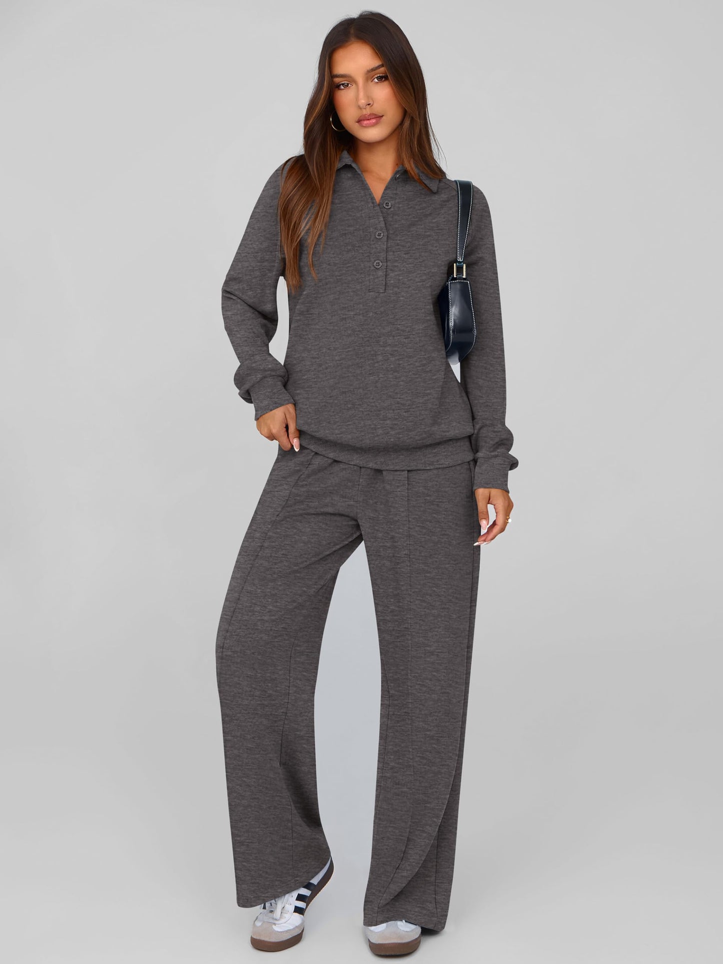 PRETTYGARDEN Women Fall 2 Piece Outfits Sweatsuits Quarter Button Long Sleeve Sweatshirt Wide Leg Pants Tracksuit Lounge Sets
