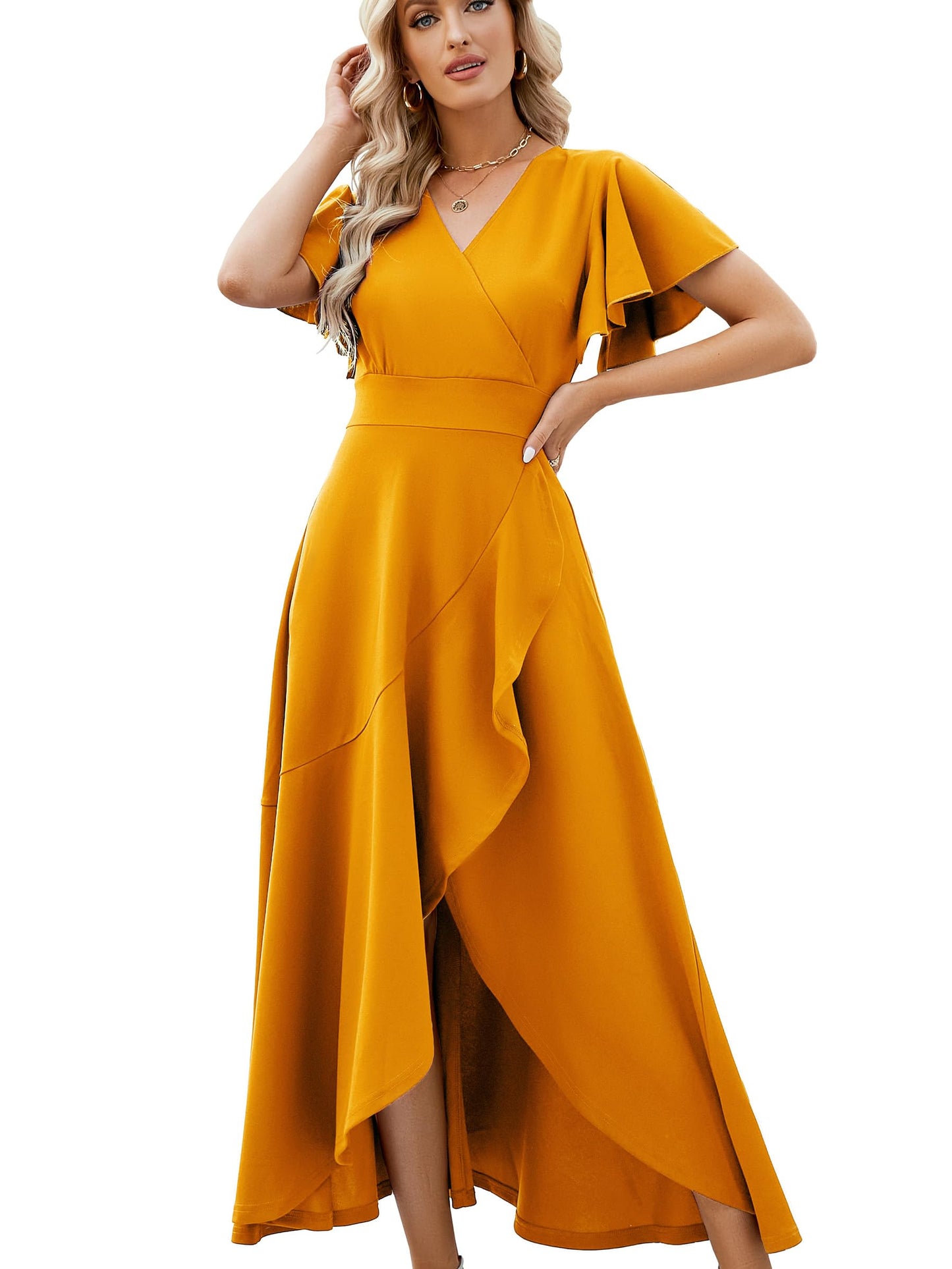 Long Black Formal Dresses for Women Gowns Evening Party Cocktail Dress,Split Elegant V Neck Wrap Ruffle Wedding Guest Dresses