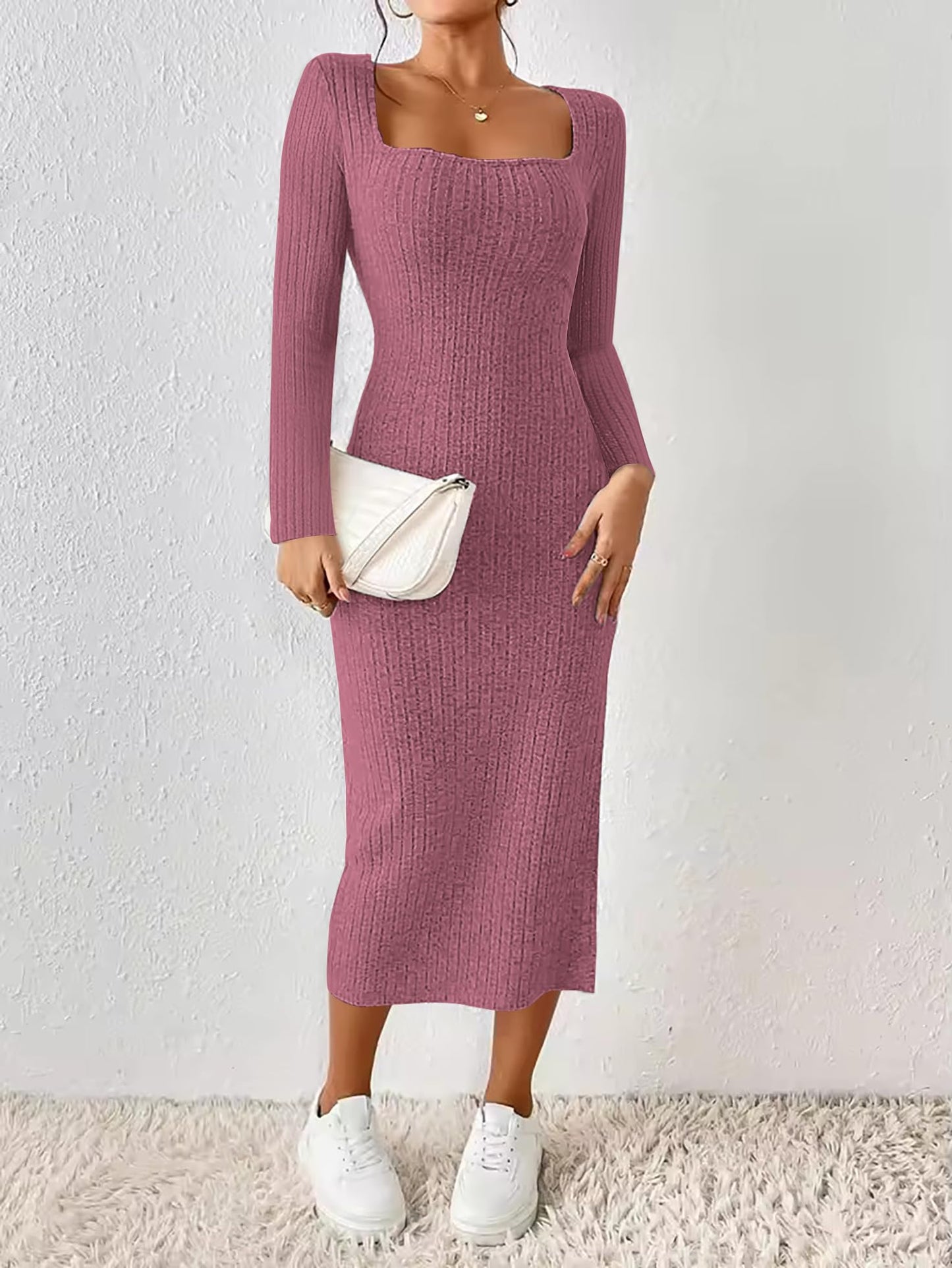 ETCYY NEW Womens Fall Dresses Square Neck Knitted Elastic Basic Winter Bodycon Versatile Slit Dress