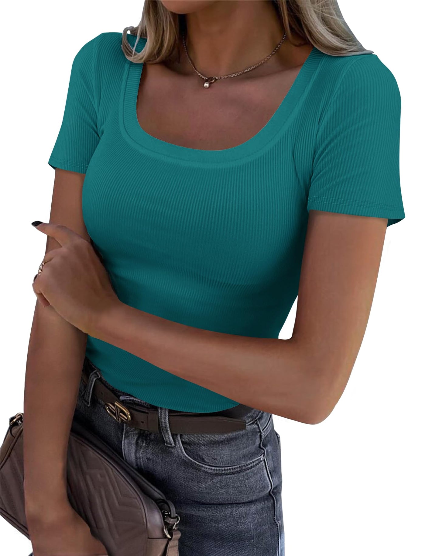 Roselux Women's Summer Scoop Neck Short Sleeve T-Shirts Ribbed Knit Slim Fitted Casual Basic Top