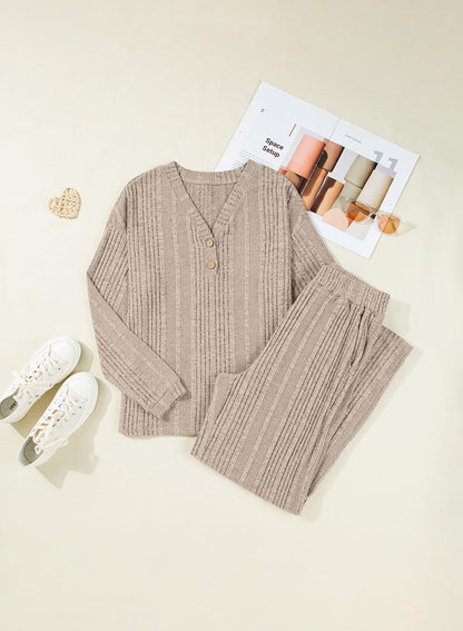 Dokotoo 2 Piece Lounge Sets for Women Ribbed Knit Button V Neck Long Sleeve Tops Matching Pants Pajamas Set 2025 Fall Outfits