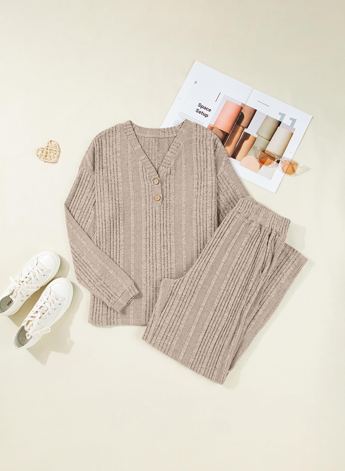 Dokotoo 2 Piece Lounge Sets for Women Ribbed Knit Button V Neck Long Sleeve Tops Matching Pants Pajamas Set 2025 Fall Outfits
