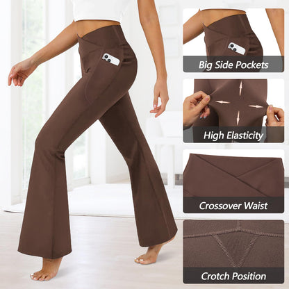 Women's Flare Leggings with Pockets-Crossover High Waisted Bootcut Yoga Pants-Tummy Control Bell Bottom Leggings