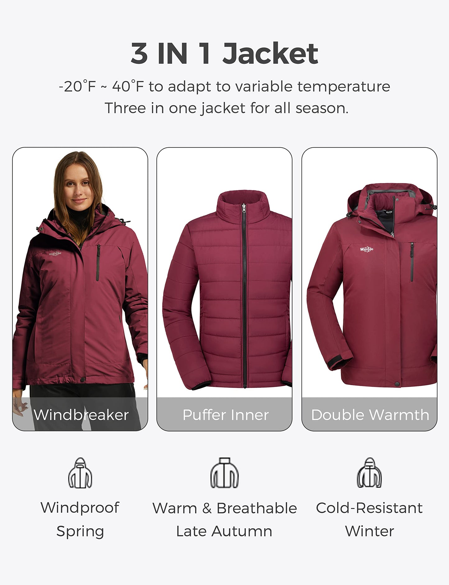 wantdo Women's 3 in 1 Waterproof Ski Jacket Windproof Winter Snow Coat Snowboarding Jackets Warm Raincoat