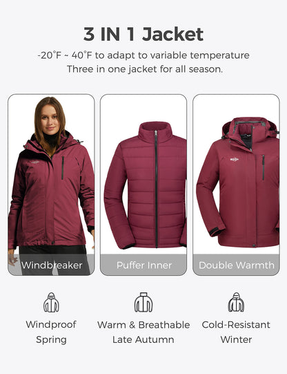 wantdo Women's 3 in 1 Waterproof Ski Jacket Windproof Winter Snow Coat Snowboarding Jackets Warm Raincoat