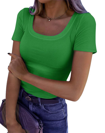 Roselux Women's Summer Scoop Neck Short Sleeve T-Shirts Ribbed Knit Slim Fitted Casual Basic Top