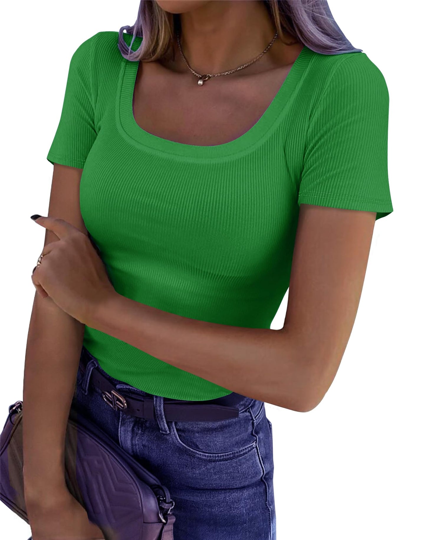 Roselux Women's Summer Scoop Neck Short Sleeve T-Shirts Ribbed Knit Slim Fitted Casual Basic Top