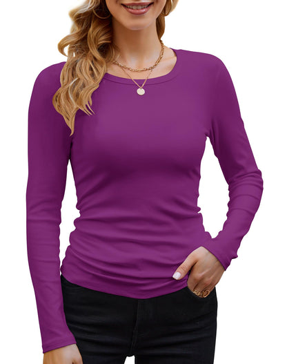GEMBERA Womens Ribbed Long Sleeve Crewneck Casual Slim Basic Shirts Fitted Knit Tops