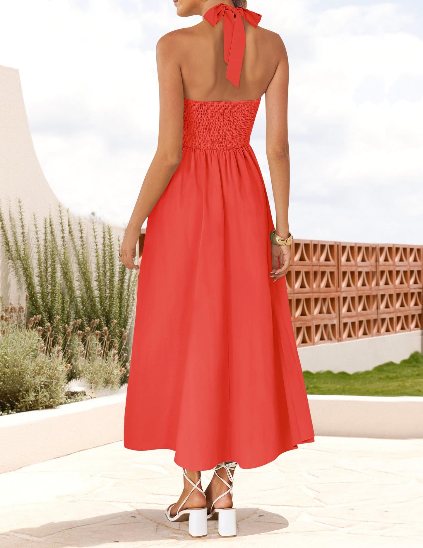 ZESICA Women's Summer Sleeveless Halter Midi Dress 2025 Off Shoulder High Waist Swing Flowy Beach Long Dresses
