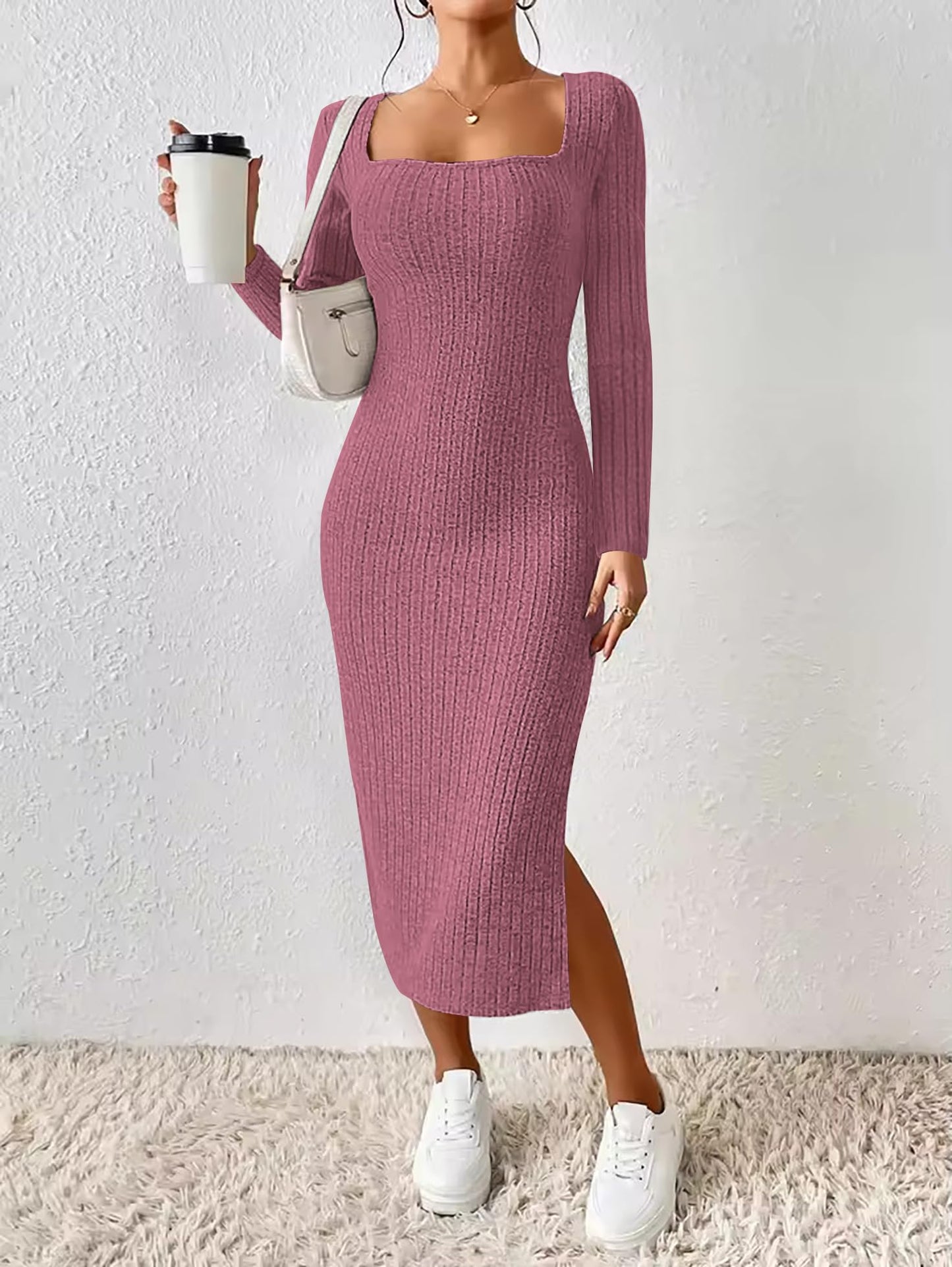 ETCYY NEW Womens Fall Dresses Square Neck Knitted Elastic Basic Winter Bodycon Versatile Slit Dress