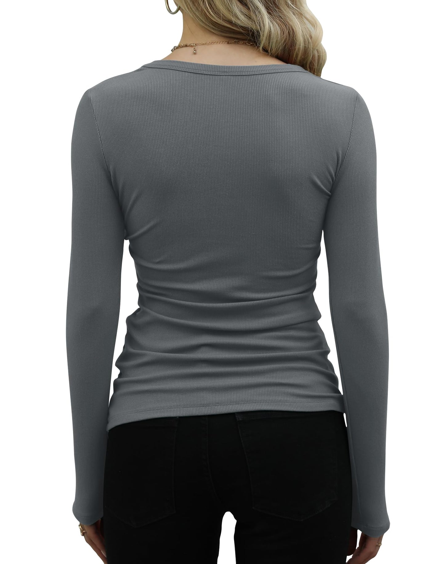 GEMBERA Womens Ribbed Long Sleeve Crewneck Casual Slim Basic Shirts Fitted Knit Tops