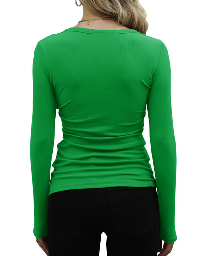 GEMBERA Womens Ribbed Long Sleeve Crewneck Casual Slim Basic Shirts Fitted Knit Tops