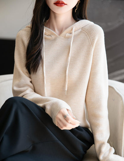 Women's Merino Wool Blend Hoodies 2025 Fall Winter Crewneck Sweatshirt Long Sleeve Knitted Sweater with Drawstring