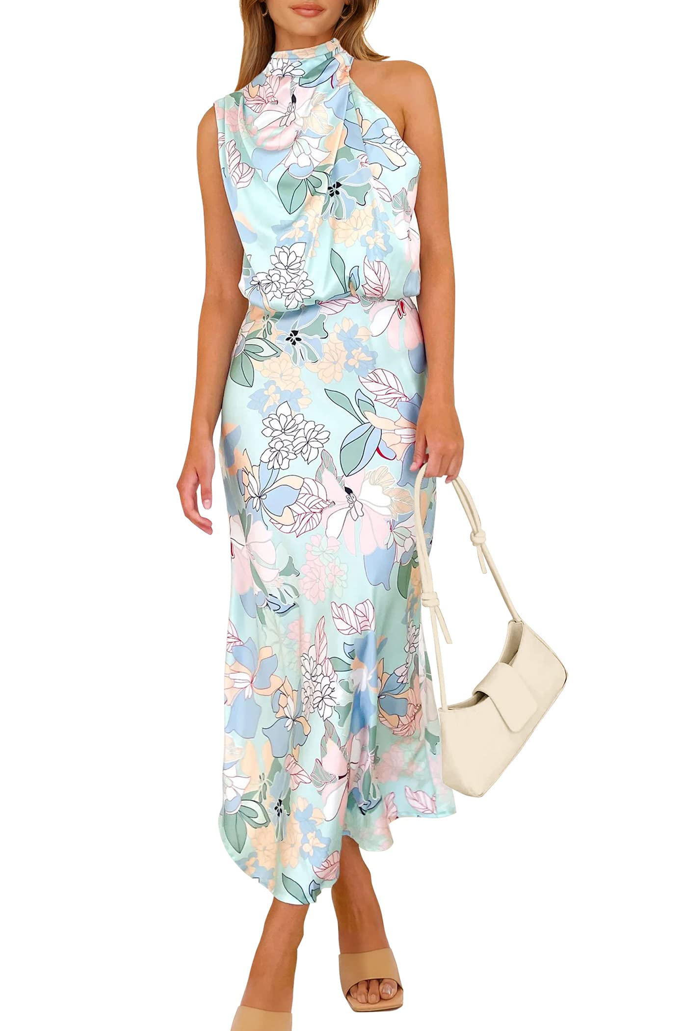 PRETTYGARDEN Women's 2025 Summer Satin Dress Elegant Sleeveless Mock Neck Cocktail Party Maxi Dresses