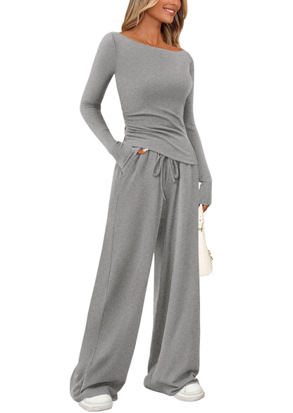 PRETTYGARDEN Women's 2 Piece Lounge Sets Asymmetrical Long Sleeve T Shirt Wide Leg Pants Casual Outfits Tracksuit