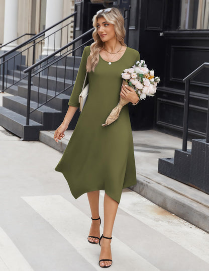 Zeagoo Midi Women 3/4 Sleeve Dress Casual Dresses with Pockets 2025 Fall A Line Dress Elegant Formal Modest Dresses