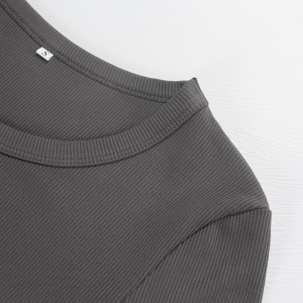 GEMBERA Womens Ribbed Long Sleeve Crewneck Casual Slim Basic Shirts Fitted Knit Tops