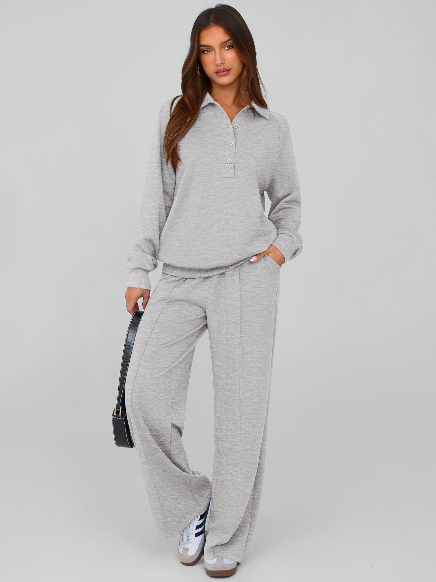 PRETTYGARDEN Women Fall 2 Piece Outfits Sweatsuits Quarter Button Long Sleeve Sweatshirt Wide Leg Pants Tracksuit Lounge Sets