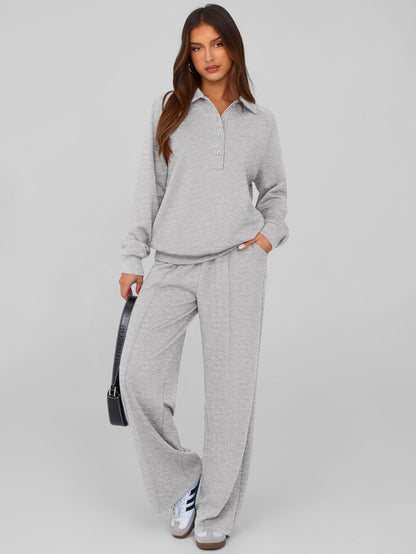 PRETTYGARDEN Women Fall 2 Piece Outfits Sweatsuits Quarter Button Long Sleeve Sweatshirt Wide Leg Pants Tracksuit Lounge Sets