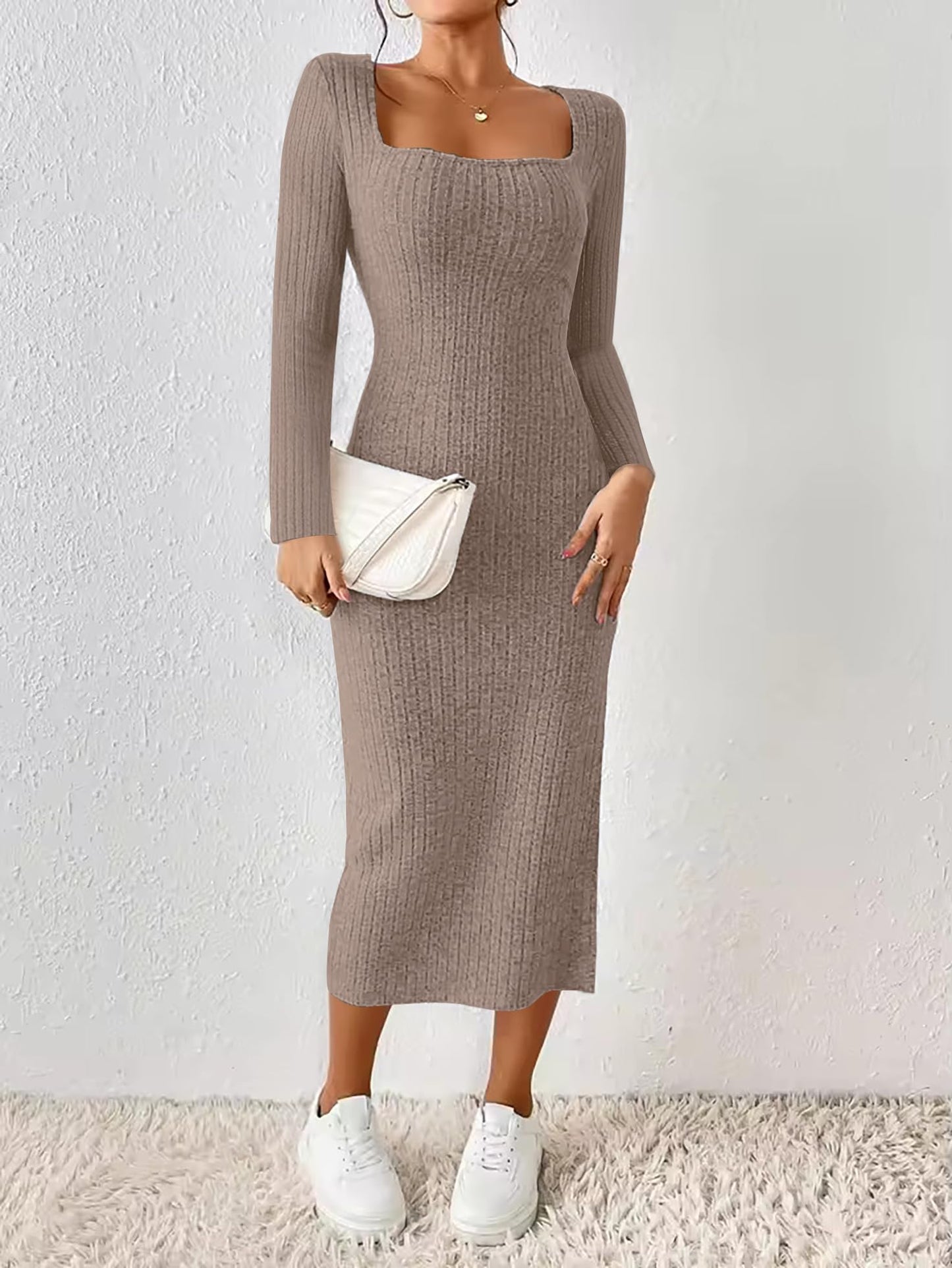 ETCYY NEW Womens Fall Dresses Square Neck Knitted Elastic Basic Winter Bodycon Versatile Slit Dress