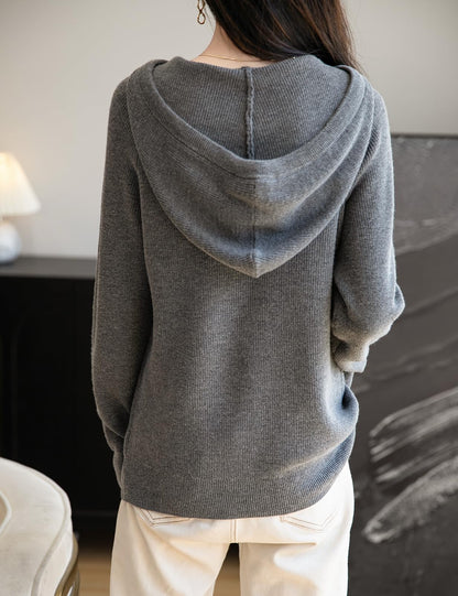 Women's Merino Wool Blend Hoodies 2025 Fall Winter Crewneck Sweatshirt Long Sleeve Knitted Sweater with Drawstring