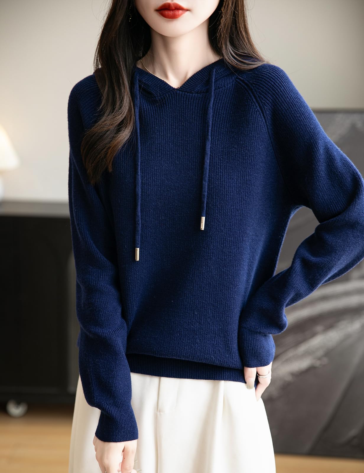 Women's Merino Wool Blend Hoodies 2025 Fall Winter Crewneck Sweatshirt Long Sleeve Knitted Sweater with Drawstring