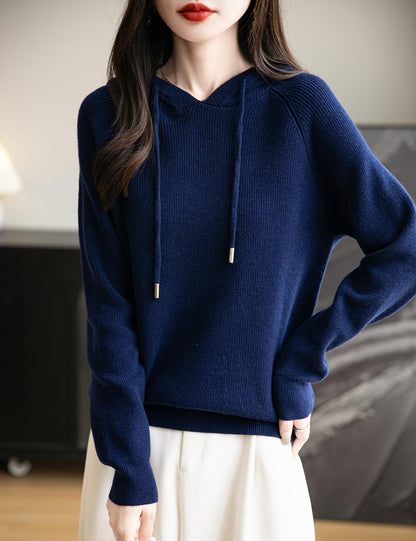 Women's Merino Wool Blend Hoodies 2025 Fall Winter Crewneck Sweatshirt Long Sleeve Knitted Sweater with Drawstring