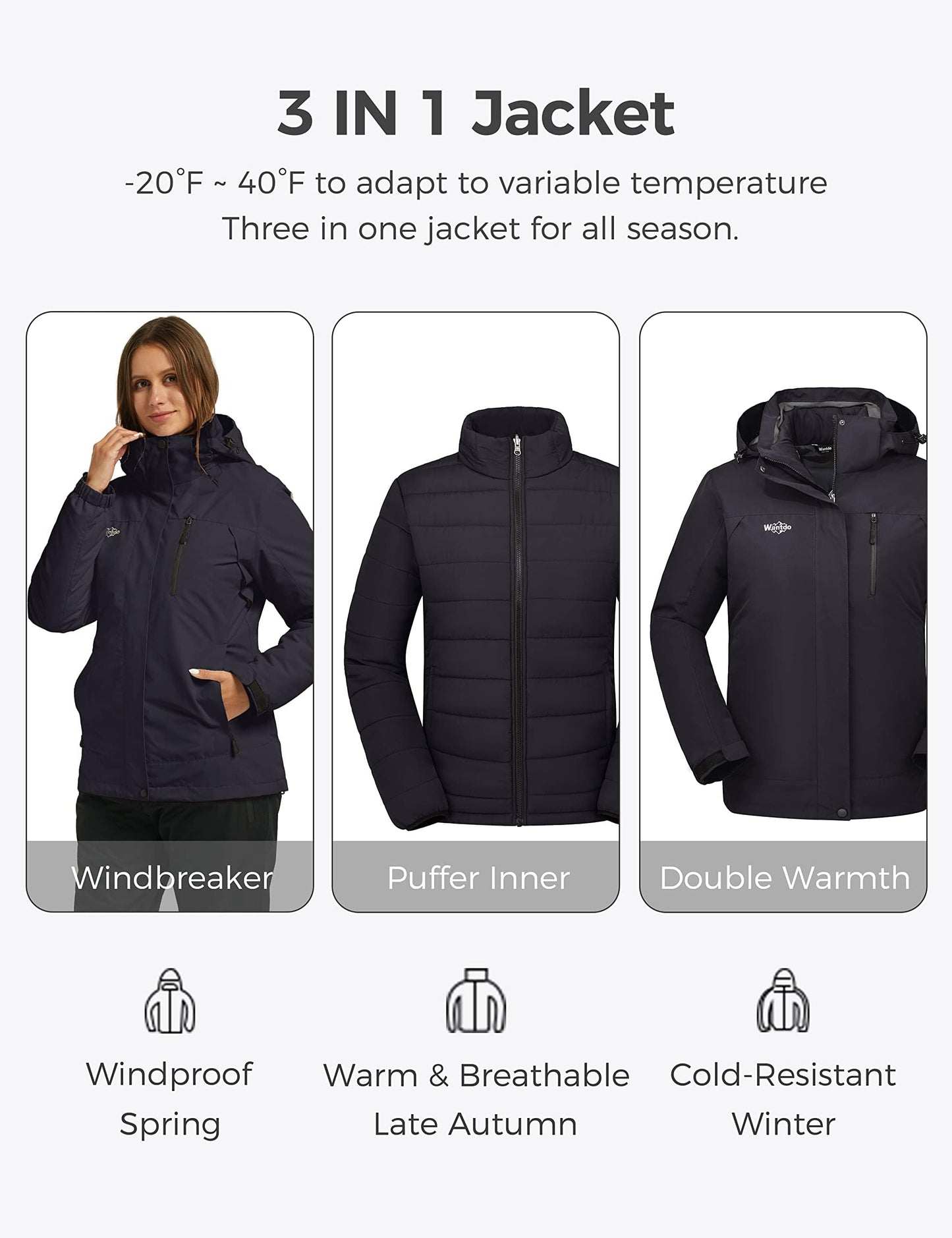 wantdo Women's 3 in 1 Waterproof Ski Jacket Windproof Winter Snow Coat Snowboarding Jackets Warm Raincoat
