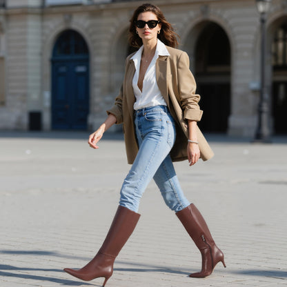 Knee High Boots for Women Pointed Toe Stiletto Kitten Heel Tall Boots Side Zipper Wide Calf Boot Fall Winter Sexy Fashion Dress Shoes Botas Negras