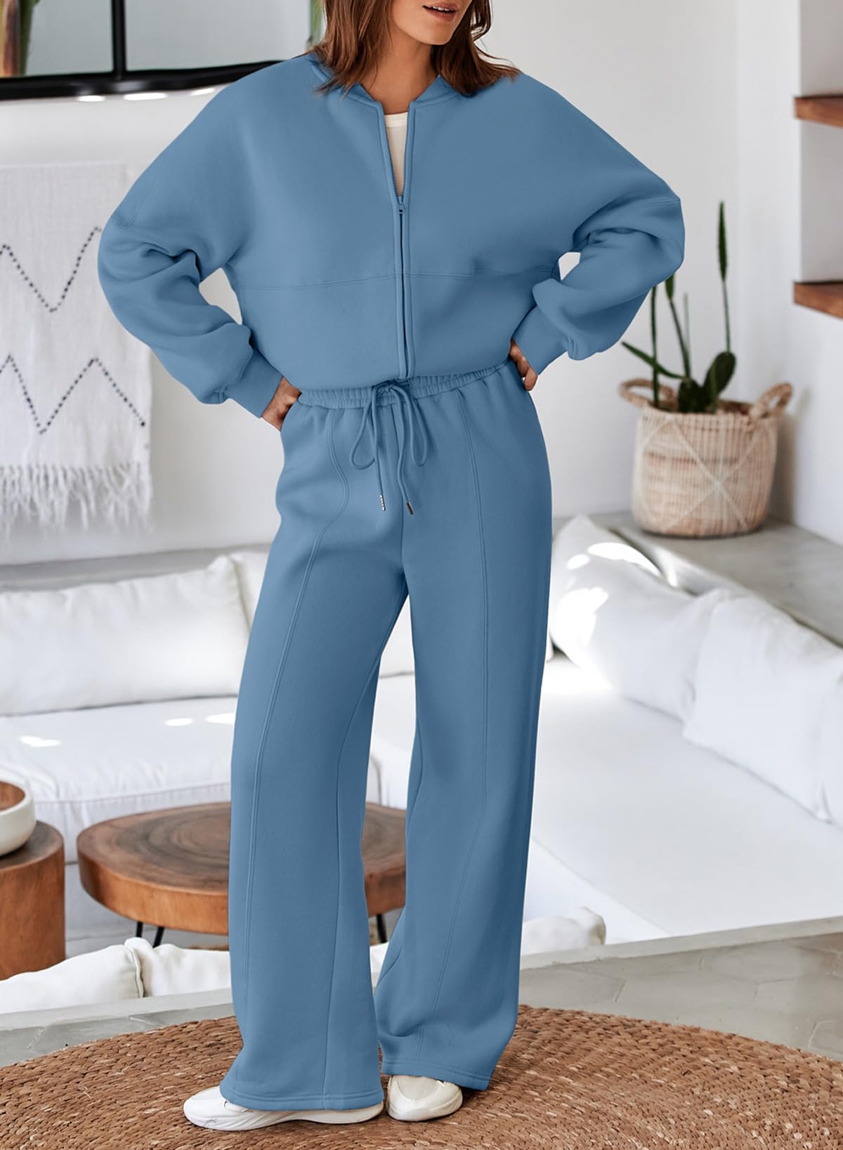 Aleumdr Women's 2 Piece Outfits Oversized Fleece Sweatsuit Zip Up Long Sleeve Sweatshirt with Wide Leg Sweatpants