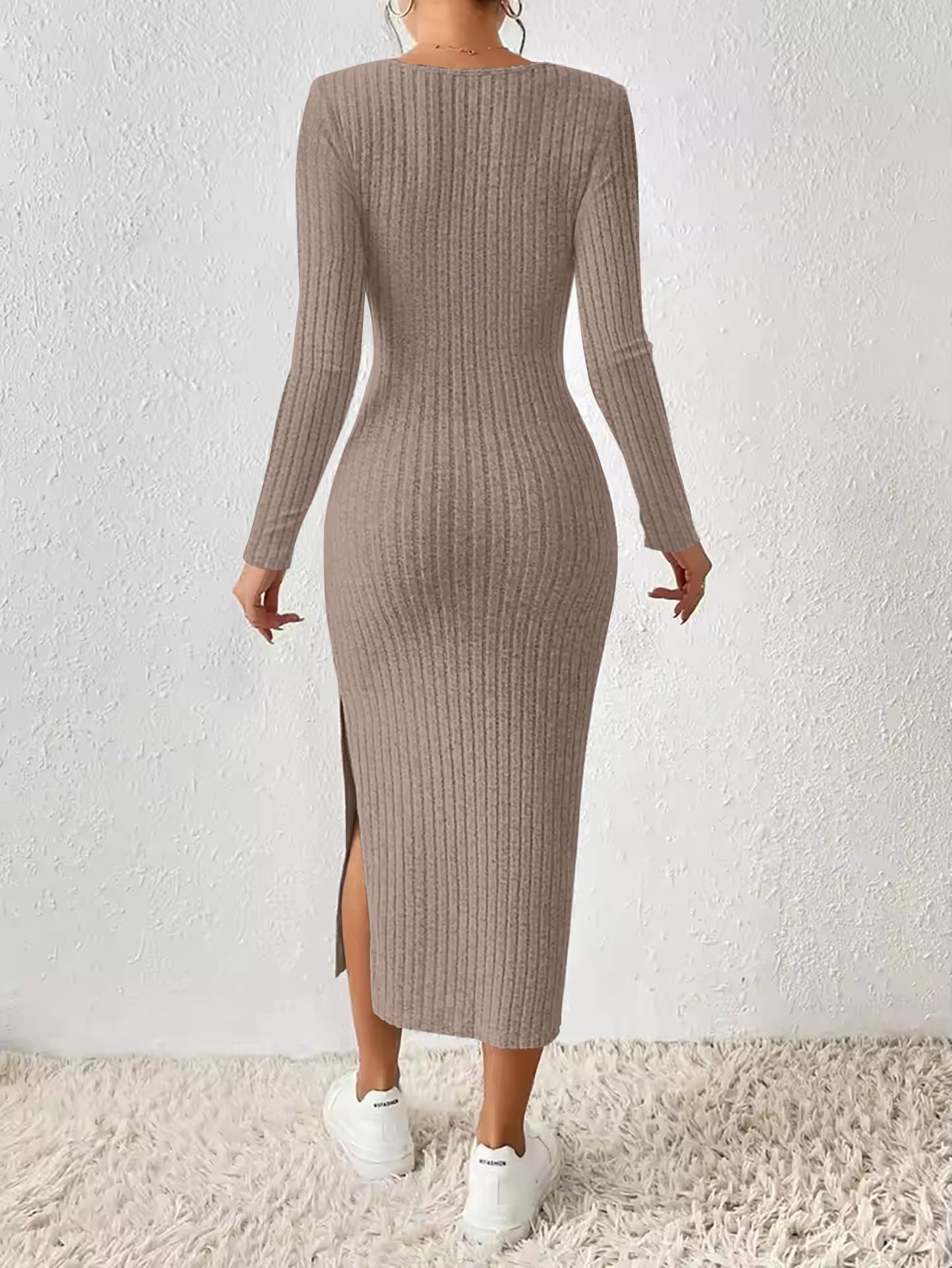 ETCYY NEW Womens Fall Dresses Square Neck Knitted Elastic Basic Winter Bodycon Versatile Slit Dress